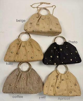 BOLSA DE PALHA C/ ALÇA DE MÃO E ALÇA TRANSVERSAL DE CORRENTE