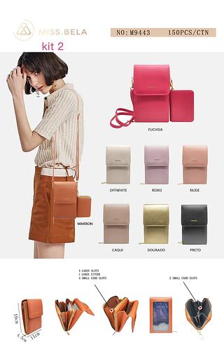 KIT BOLSINHA MISS BELA — MODELO EM COURINO SINTÉTICO C/ ALCA REMOVÍVEL E REGULÁVEL. — MODELO ACOMPANHA CARTEIRA