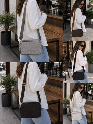 BOLSA EM COURINO SINTÉTICO - MODELO COM DUAS REPARTIÇÕES, ALÇA REMOVÍVEL/REGULÁVEL.